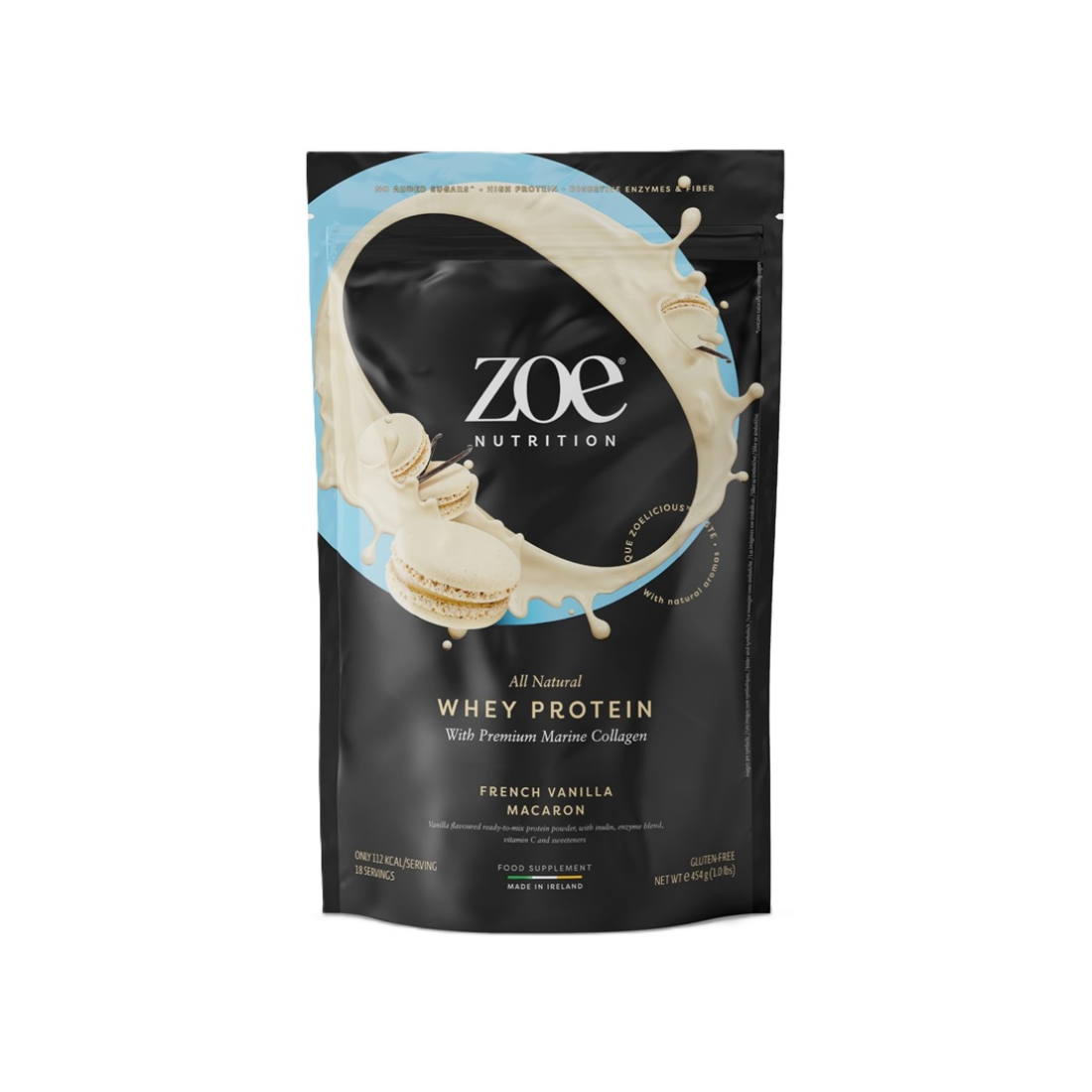 ZOE NUTRITION WHEY PROTEIN WITH PREMIUM MARINE COLLAGEN FRENCH VANILLA MACARON - 454 GRAMS