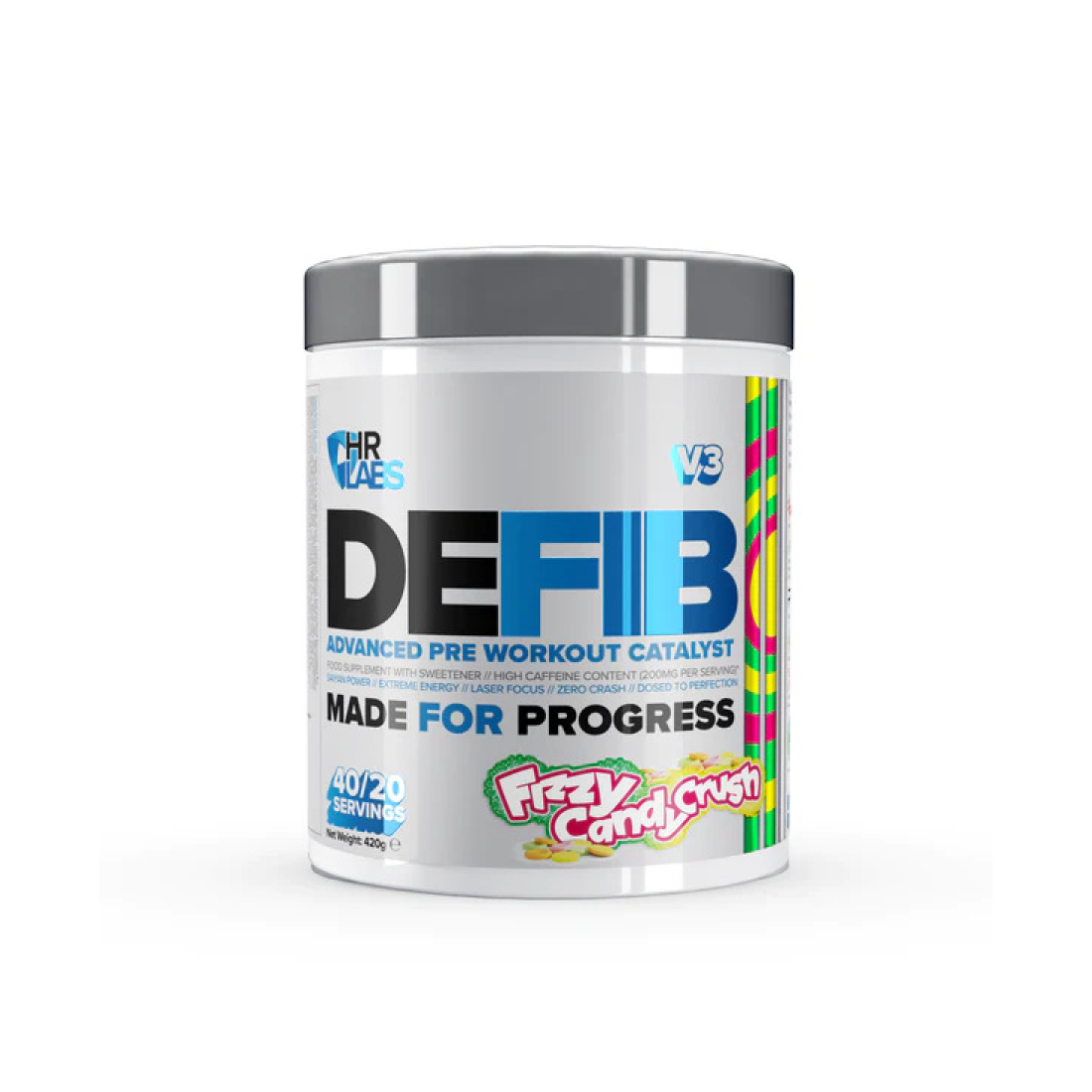 HR LABS DEFIB V3 - ADVANCED PRE WORKOUT CATALYST FIZZY CANDY CRUSH - 420 GRAMS
