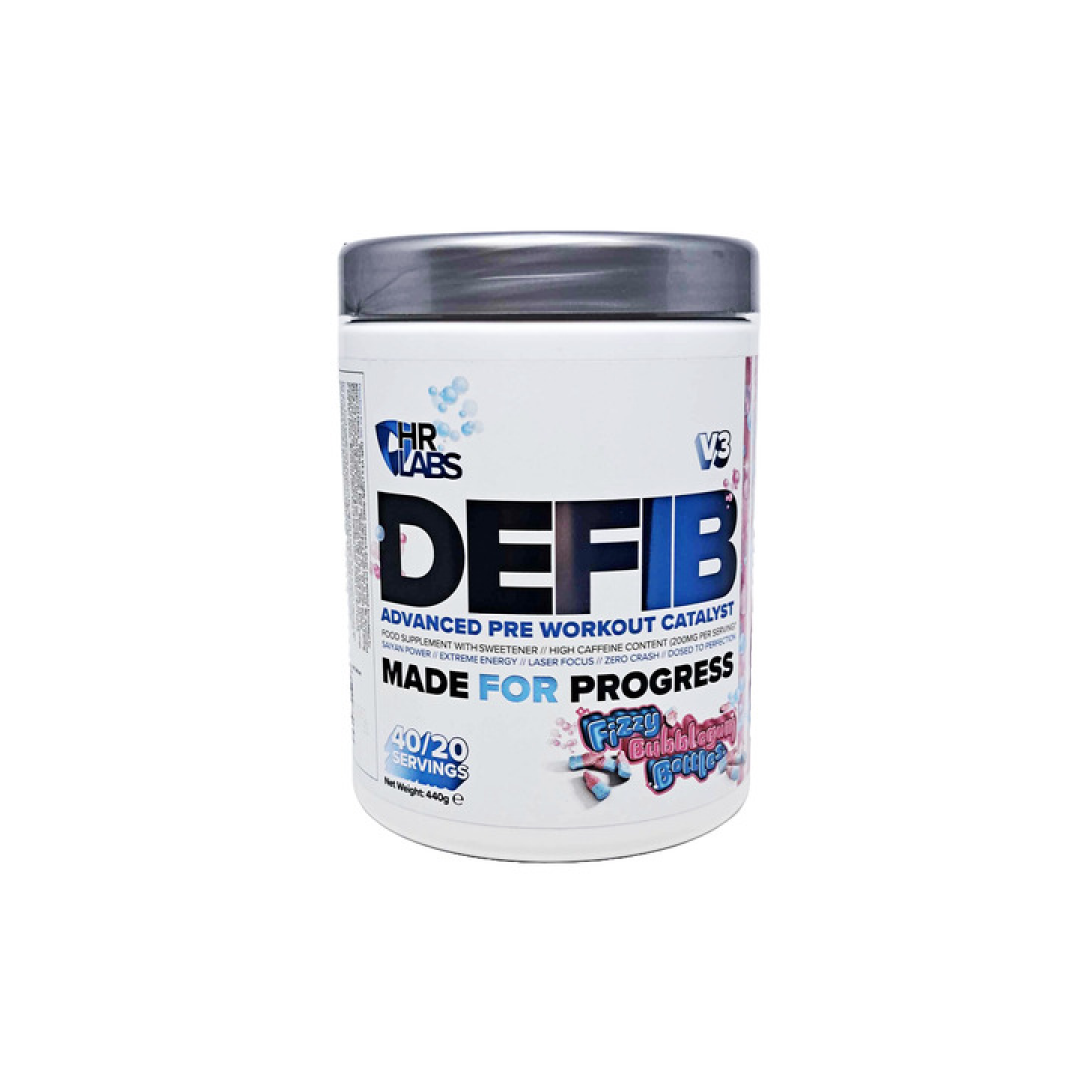 HR LABS DEFIB V3 - ADVANCED PRE WORKOUT CATALYST FIZZY BUBBLEGUM BOTTLES - 440 GRAMS