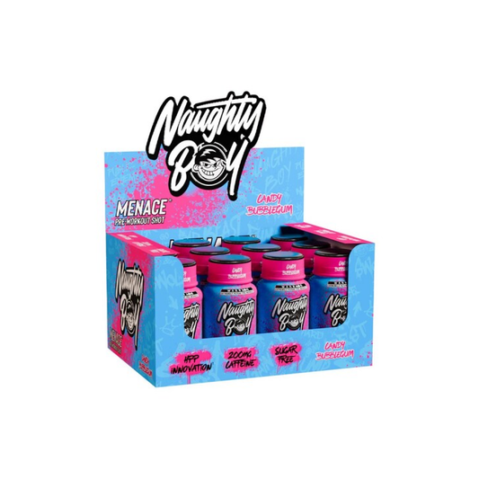 NAUGHTY BOY MENACE PRE-WORKOUT SHOT CANDY BUBBLEGUM - 12 X 60 ML