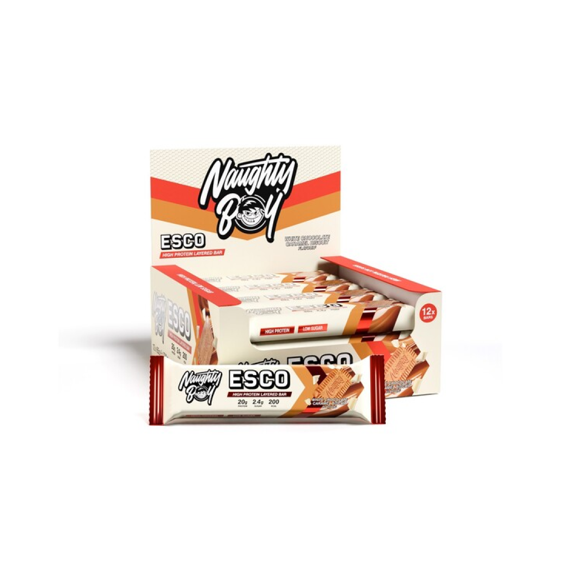 NAUGHTY BOY ESCO PROTEIN BAR WHITE CHOCOLATE CARAMEL BISCUIT - 12 X 65G