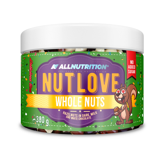 ALLNUTRITION NUTLOVE WHOLE NUTS HAZELNUTS IN DARK MILK AND WHITE CHOCOLATE - 300 GRAMS