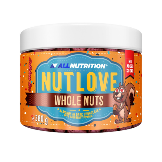 ALLNUTRITION NUTLOVE WHOLE NUTS ALMONDS IN DARK CHOCOLATE WITH RASPBERRY POWDER - 300 GRAMS