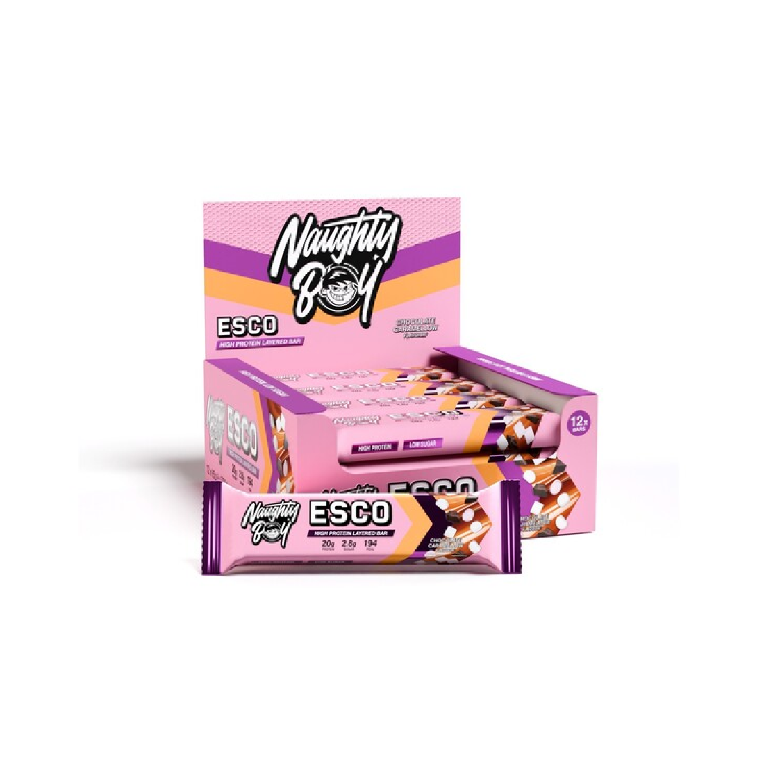 NAUGHTY BOY ESCO PROTEIN BAR CHOCOLATE CARAMELLOW - 12 X 65G