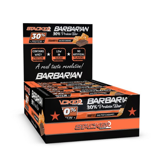 STACKER2 EUROPE BARBARIAN 30% PROTEIN BAR SALTED CARAMEL - 12 X 45G